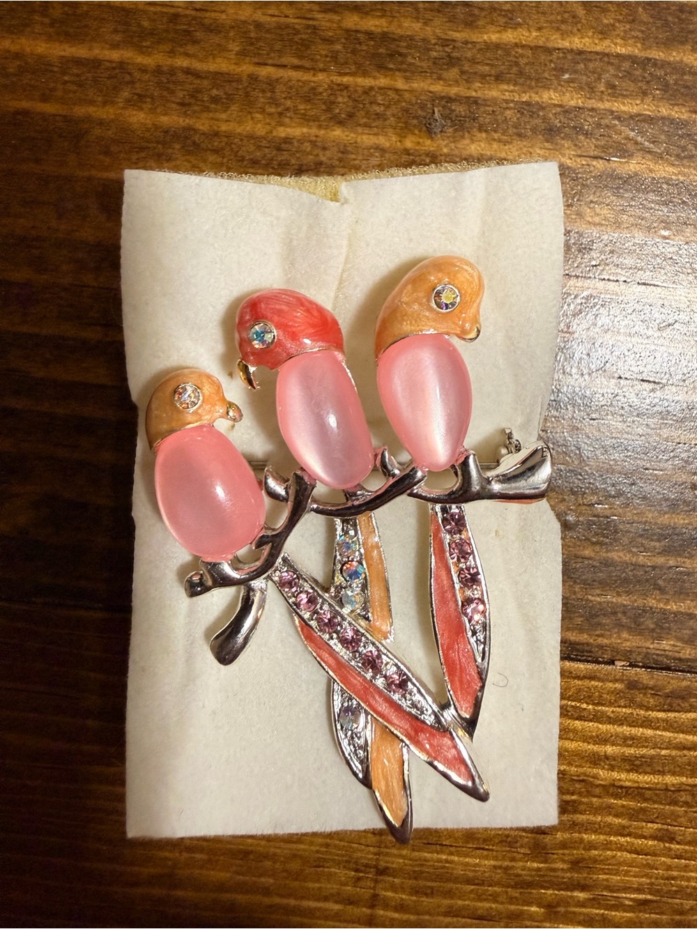Pink Bird Trio Brooch - Pink/Peach Enamel & Crystal Accent